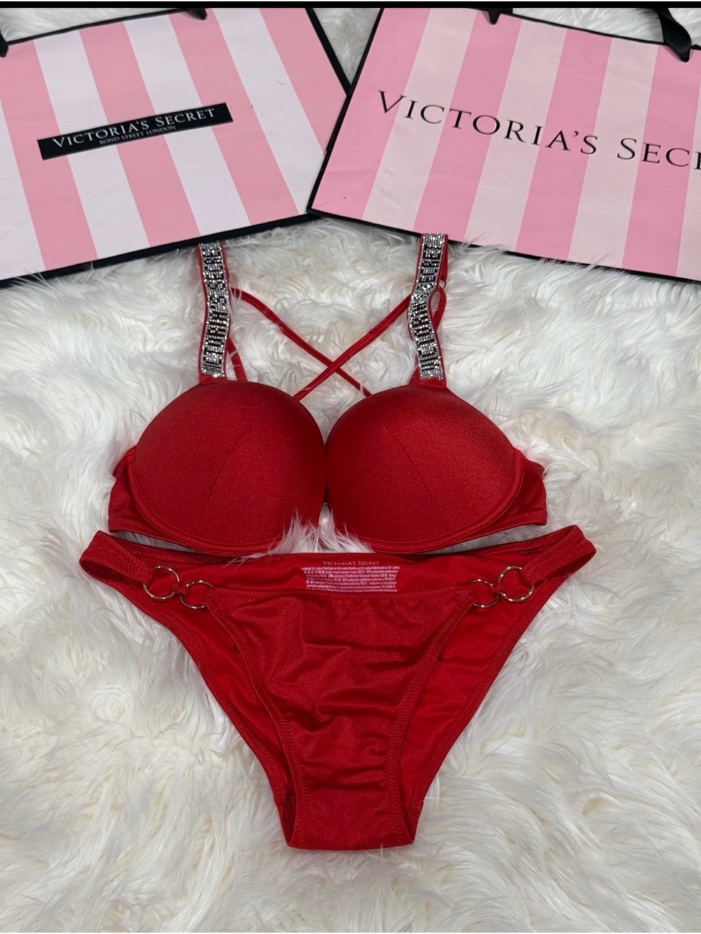 Victoria's Secret Bright Red Strappy Push-Up Bra with Logo Straps